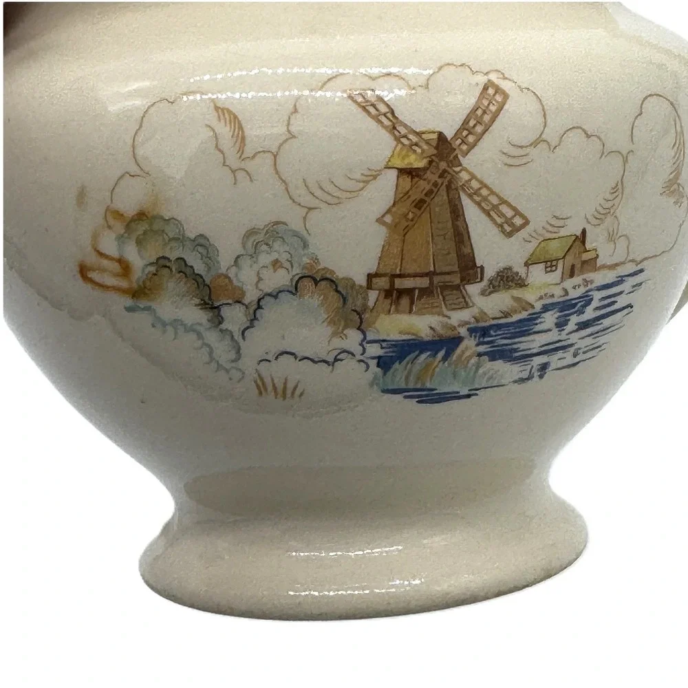 Vintage Windmill Scene Ceramic Creamer Pitcher Gold Rim Cream Small Dutch Style